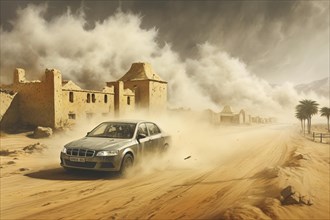 Cars racing through a desert village in a sandstorm, AI Generated, AI generated