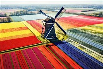 Aerial view of a Windmill in a colorful tulip field environment, The Netherlands, AI Generated, AI