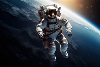 Astronaut Floating Above Earth in Space with extravehicular mobility unit and backpack. Wonder and