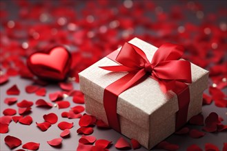 Valentine's Gift red gift box adorned with a soft pink ribbon, surrounded by heart-shaped confetti