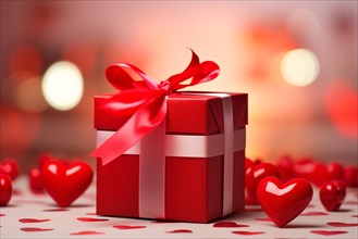 Red gift box adorned with a silky bow, surrounded by radiant hearts illuminating a romantic