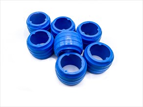 Blue hydraulic and pneumatic O-rings isolated on white background. PEX rings. Sealing gaskets for