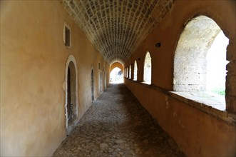 Path, corridor to the monks' cells, monastery church, Arkadi Monastery, Moni Arkadi, national