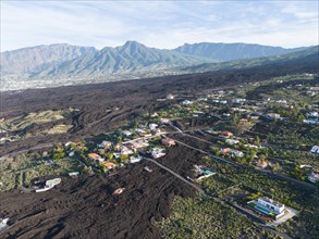 Aerial view of the lava flow of the Tajogaite volcano, Aridane, La Palma, Canary Islands, Spain,