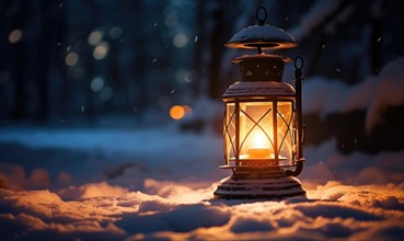Lantern in snowy forest at night. Christmas and New Year concept AI generated