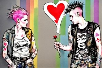 A punk couple with striking Mohawks and tattoos is depicted with a backdrop of colorful graffiti,