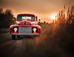 A retro vintage red truck speed in peaceful country road surrounded by beautiful landscapes at