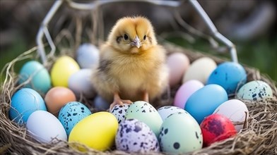 A chick stands amidst colorful Easter eggs in a basket, symbolizing spring and the Easter