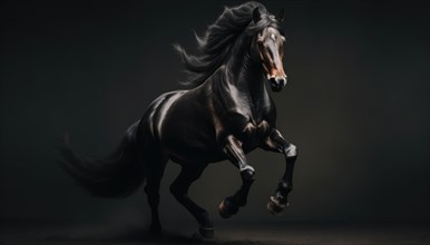Beautiful black stallion with long mane running on dark background AI generated