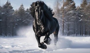 Black horse running on snow in winter landscape with forest in background AI generated