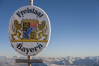 State sign, Free State of Bavaria, Zugspitze, winter, Garmisch-Partenkirchen, Bavaria, Germany,