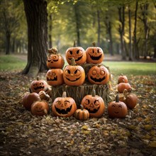 A collection of carved pumpkins in autumn mood, pumpkins with personality, AI-Generated &