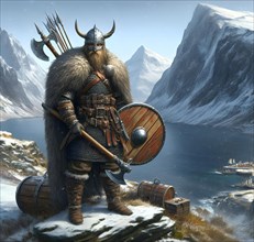 A bearded Viking warrior with helmet, shield and battle axe, AI generated, AI generated