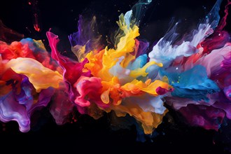 Abstract background of vibrant colorful paint splashes on black background, AI generated