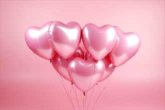 Bunch of glossy pink heart-shaped balloons against a soft pink background, perfect for Valentine's