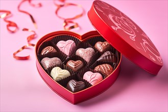 Heart-shaped box with a selection of finely crafted chocolates, perfect for Valentine's Day, on