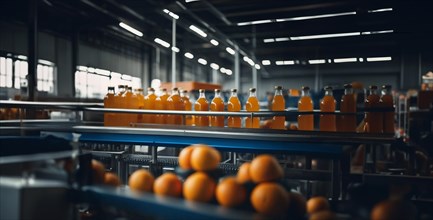 Production of juice from fruits and berries at the factory, conveyor with bottles of juice, AI