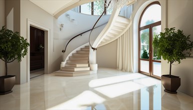 An elegant and modern interior with a grand staircase bathed in natural light, AI generated
