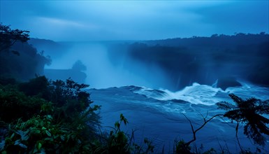 A serene twilight scene with a waterfall flowing from Inga fall in the democratic republic of Congo