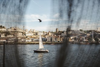 Beautiful view of Porto and Vila Nova da Gaia with sailing boat at Douro river, north Portugal