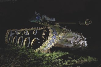 A night-time scenario with an abandoned tank, artificial lighting sets the scene, M41 Bulldog, Lost