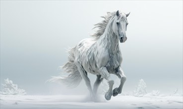 White horse with flying hair and splashes of water on white background. Frozen water splashes on