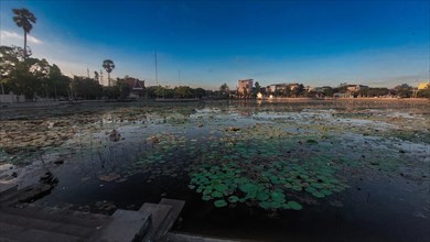 Tranquil lotus pond with water lilies at dusk called Srah Chhouk or Lotus Pond in the middle of