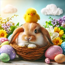 Easter, Easter festival, the Easter bunny sits with a chick in an Easter nest with colourful Easter
