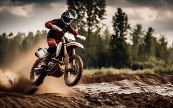 Motocross on an enduro motorcycle through mud and sand, a motorcyclist in gear and a helmet rides