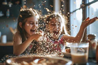 Two laughing children having fun and throwing muesli in the air at breakfast, AI generated, AI