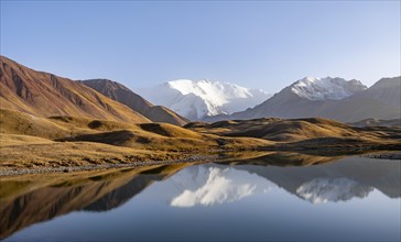 Mountains reflected in a small mountain lake, Pik Lenin, Trans Alay Mountains, Pamir Mountains, Osh