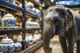 An elephant (Elephas maximus indicus) stands peacefully between shelves full of blue-patterned