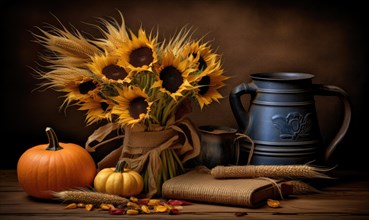 Cozy autumn harvest arrangement with pumpkins, sunflowers, and a classic jug AI generated