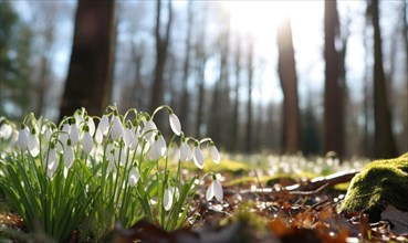 Sun-kissed snowdrops emerging from the forest floor, signaling spring AI generated