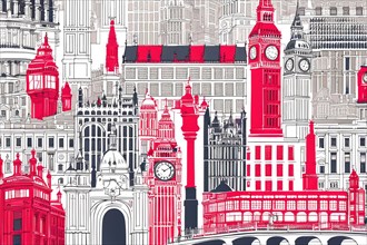 An intricate London city drawing featuring a cityscape dominated by a prominent clock tower, in