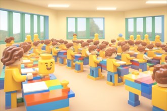 A playful crowded Lego classroom with students and a teacher, ai generated, AI generated