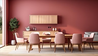 Warm dining room with a maroon wall, wooden details, and blush-toned chairs, AI generated