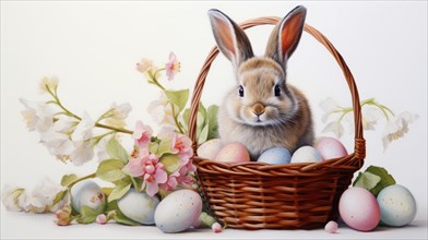 A rabbit sits in a wicker basket amidst colorful Easter eggs and spring flowers with a soft,