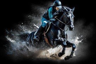 Jockey on horse jumping over black background. Equestrian sport AI generated