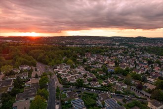 Atmospheric aerial view of residential areas in the light of sunset, Pforzheim, Germany, Europe