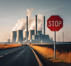 Climate change, climate crisis, global warming, symbolic image, a stop sign, a power plant with