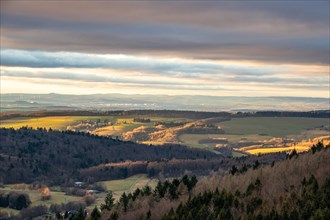 Landscape at the Grosser Zacken, Taunus volcanic region. A cloudy, sunny autumn day, meadows,