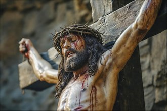 Depiction of Jesus on the cross with crown of thorns and bloodied body, symbolising suffering and