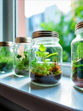 Bottle garden, several mini biotopes, eco system in glass on a windowsill, AI generated, AI