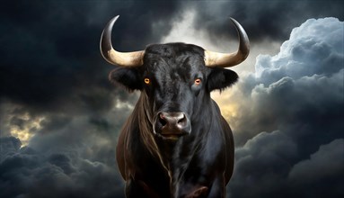 Black bull with glowing eyes in front of threatening dark clouds and stormy sky, AI generated, AI