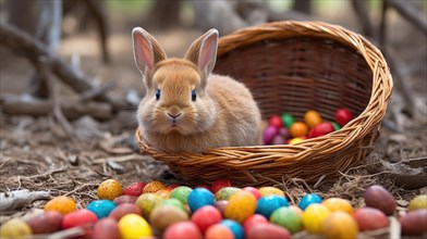 A rabbit sits near a basket spilling colorful Easter eggs onto the ground in a festive spring