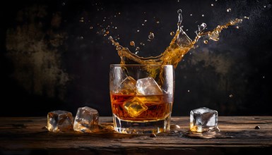 Whiskey with rocks or ice cubes in a glass with ice in a dark wooden background. AI Generated, AI