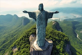 Drone view of Jesus Christ the Redeemer statue, Corcovado Mountain, Rio de Janeiro, Brazil, AI