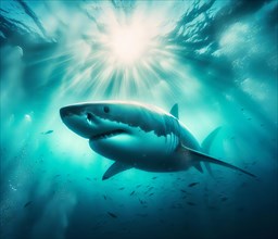 A great white shark swims in the ocean in a school of fish, AI generated, AI generated