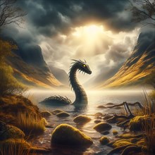 Mythology, the mythical creature Nessie, the Loch Ness monster, in Loch Ness in Scotland, AI